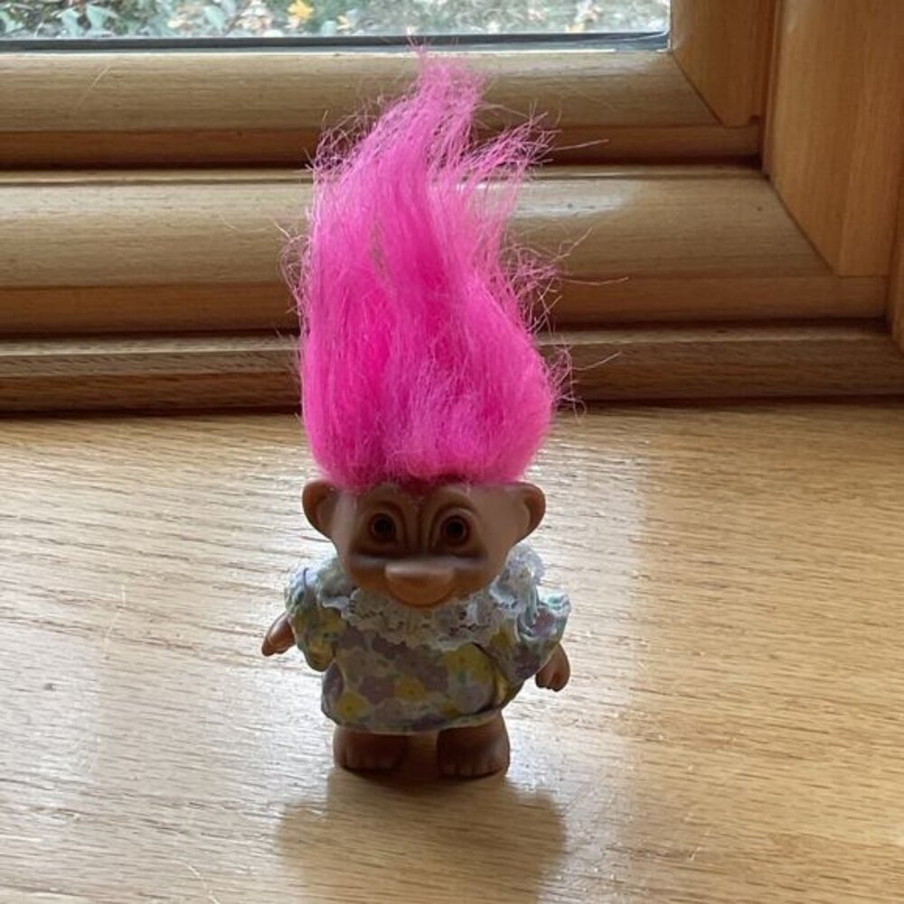 Pink Haired Troll Doll in Purple Yellow Flower Dress 3"